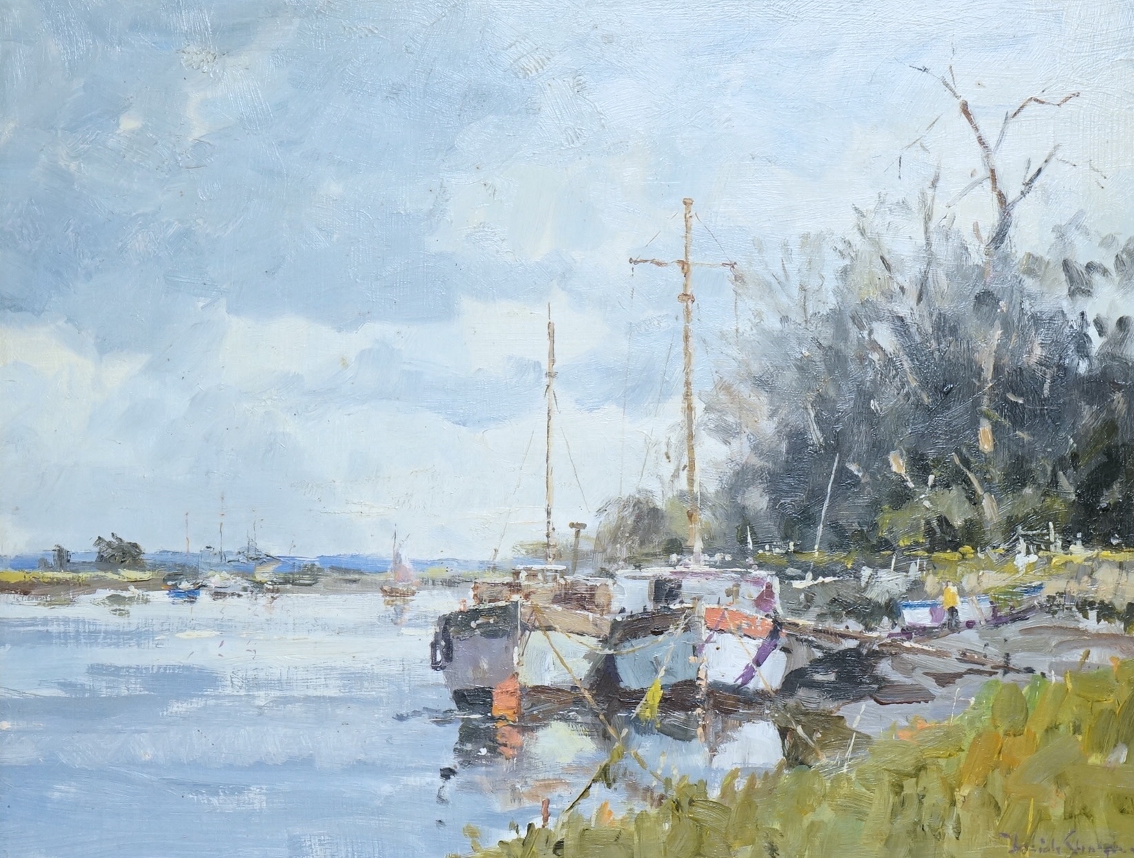 Josiah John Sturgeon (1919-1999), oil, 'Boats on the River Crouch, Holbridge, Essex', signed, 34 x 43cm